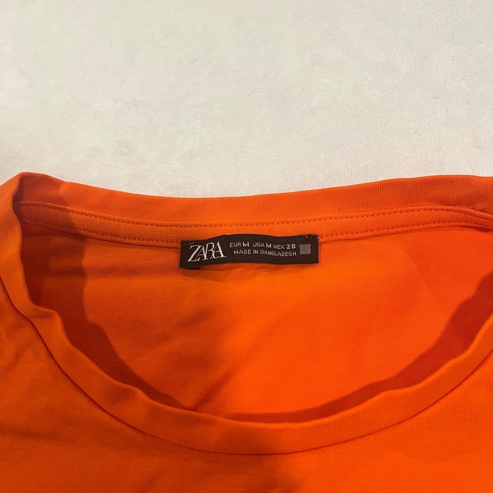 Zara Bright Orange Cotton Blend Cropped Tee - Size M - Picture 2 of 8